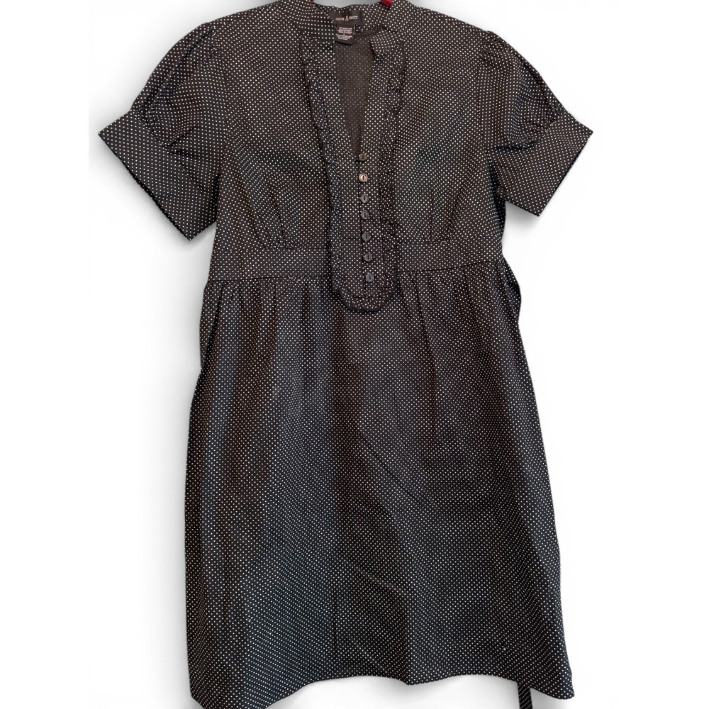 Polka Dot Ruffle V-Neck Empire Waist‎ Dress Black White Size L Sam and Max